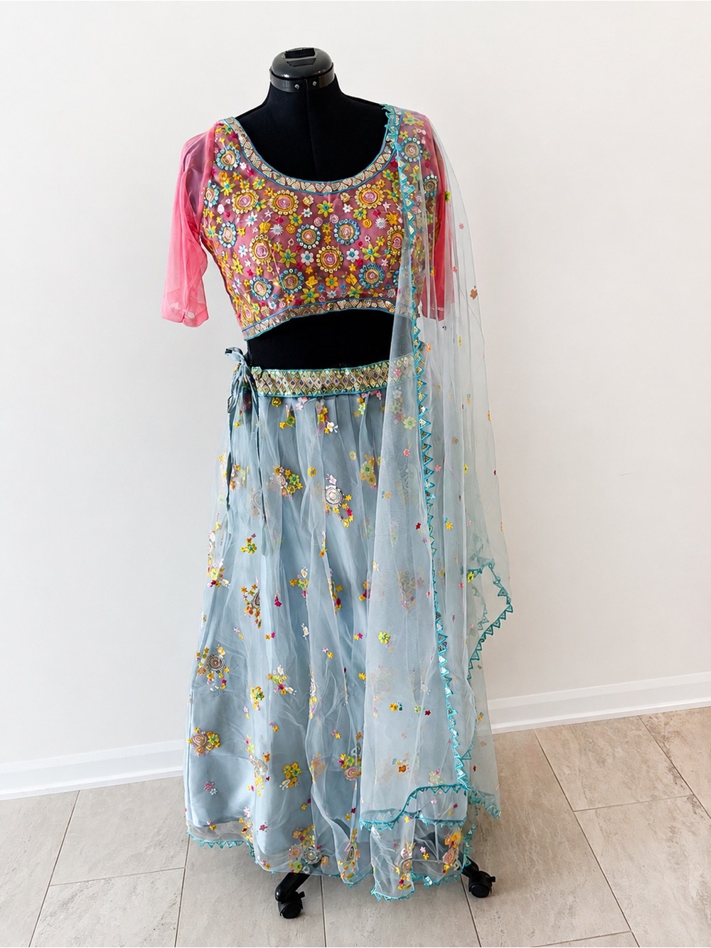 Floral Embroidered Indian Lengha Set - Pink & Light Blue